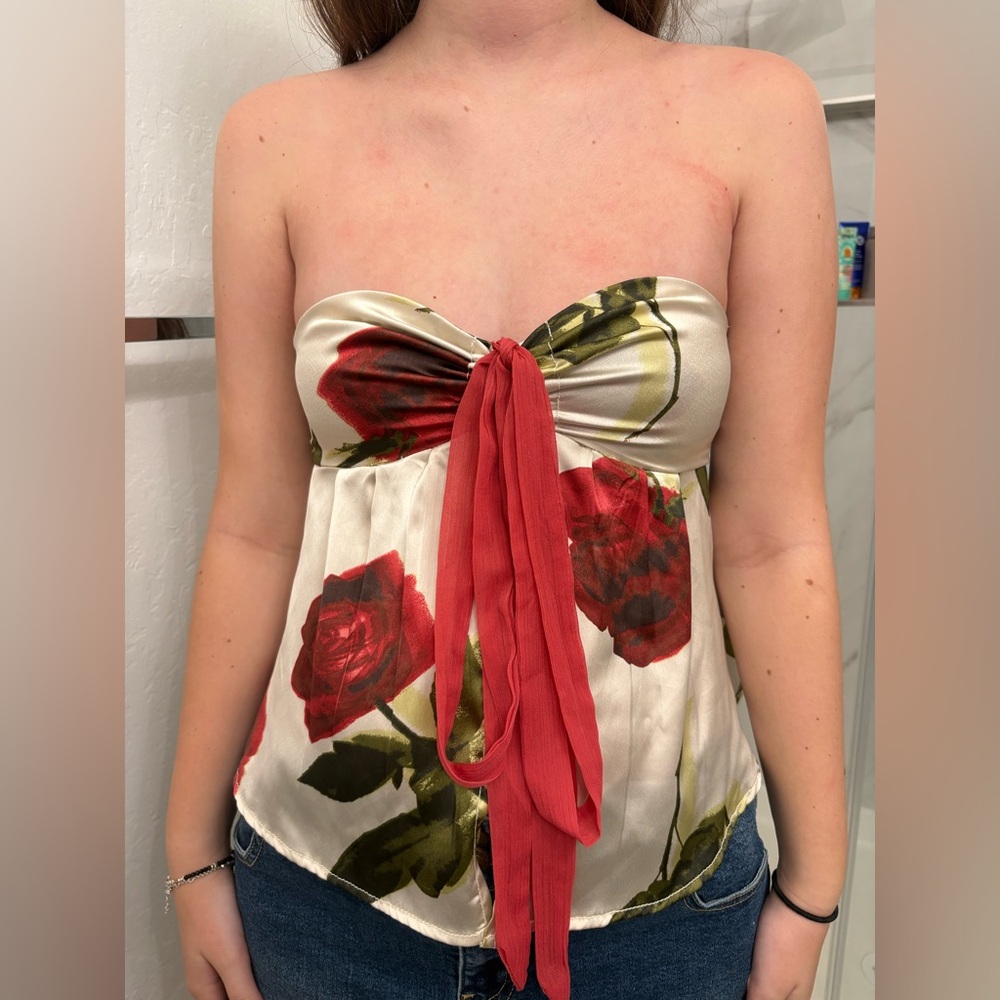 Urban Outfitters Red and Green Strapless Tie Front Top